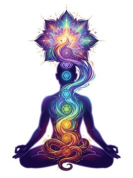 Spiritual meditation silhouette with seven chakras and kundalini energy