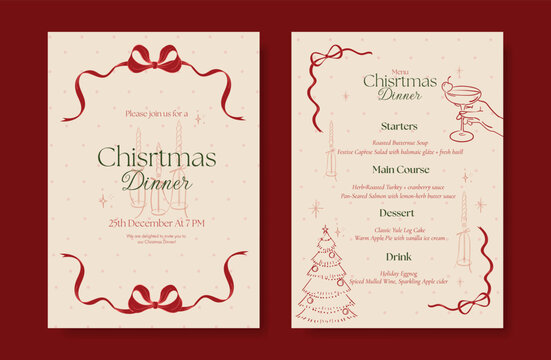 Christmas and New Year dinner invitation and menu template card set.  design for drink menu, promotion, beverages, ads.