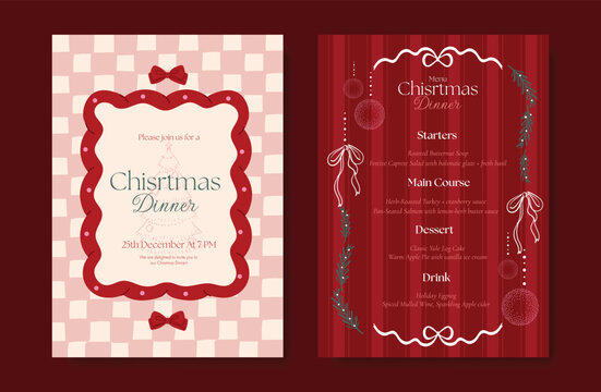 Christmas and New Year dinner invitation and menu template card set.  design for drink menu, promotion, beverages, ads.