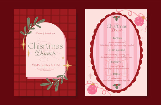 Christmas and New Year dinner invitation and menu template card set.  design for drink menu, promotion, beverages, ads.