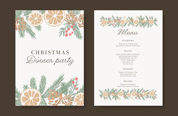 Obraz premium Christmas and New Year dinner invitation and menu template card set. design for drink menu, promotion, beverages, ads.