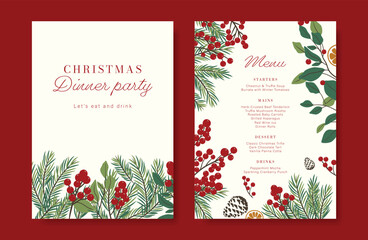 Obraz premium Christmas and New Year dinner invitation and menu template card set. design for drink menu, promotion, beverages, ads.