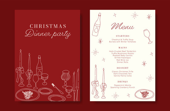 Christmas and New Year dinner invitation and menu template card set.  design for drink menu, promotion, beverages, ads.