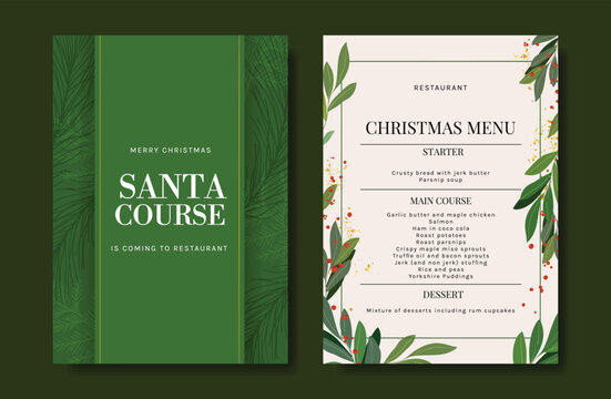 Christmas and New Year dinner invitation and menu template card set.  design for drink menu, promotion, beverages, ads.