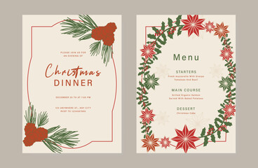 Obraz premium Christmas and New Year dinner invitation and menu template card set. design for drink menu, promotion, beverages, ads.