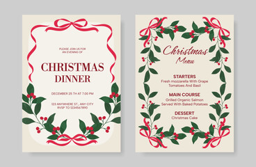 Obraz premium Christmas and New Year dinner invitation and menu template card set. design for drink menu, promotion, beverages, ads.
