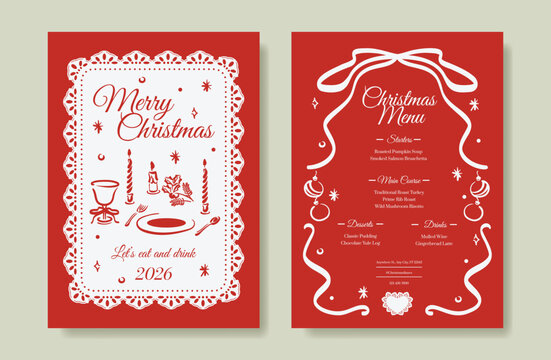 Christmas and New Year dinner invitation and menu template card set.  design for drink menu, promotion, beverages, ads.