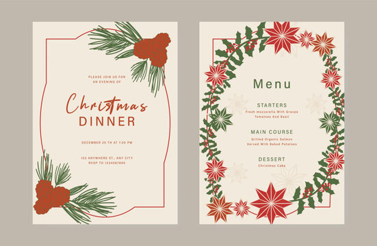 Christmas and New Year dinner invitation and menu template card set.  design for drink menu, promotion, beverages, ads.