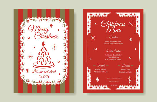 Christmas and New Year dinner invitation and menu template card set.  design for drink menu, promotion, beverages, ads.
