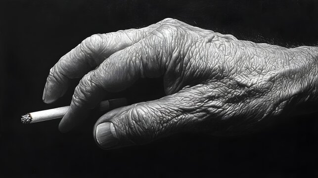 Close-up of elderly hand nervously fidgeting with cigarette against dark background capturing tension and aging lifestyle cues for health or addiction themes, elegantly showcasing gesture.