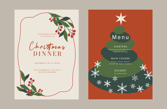 Christmas and New Year dinner invitation and menu template card set.  design for drink menu, promotion, beverages, ads.
