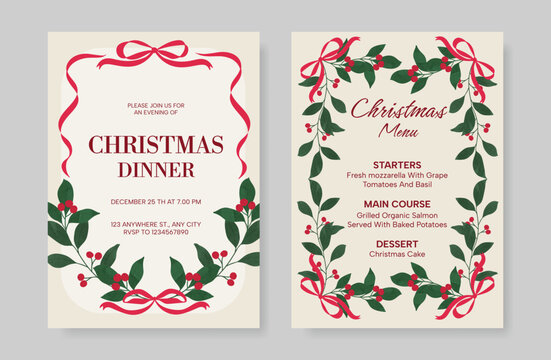 Christmas and New Year dinner invitation and menu template card set.  design for drink menu, promotion, beverages, ads.
