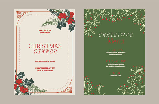 Christmas and New Year dinner invitation and menu template card set.  design for drink menu, promotion, beverages, ads.