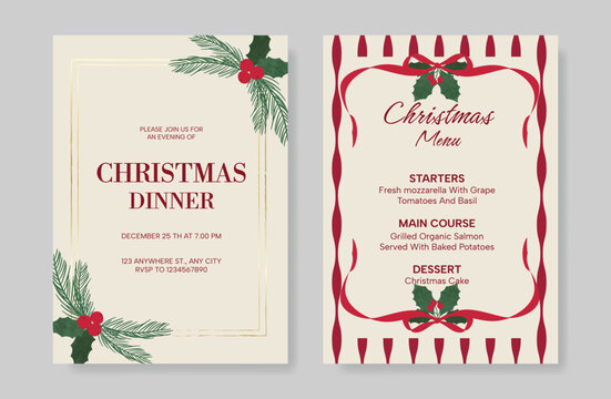 Christmas and New Year dinner invitation and menu template card set.  design for drink menu, promotion, beverages, ads.