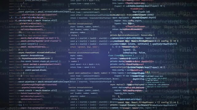 Digital screen displaying scrolling lines of complex computer programming code for software development