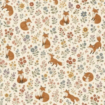 Whimsical seamless fox and floral pattern on a soft beige background.