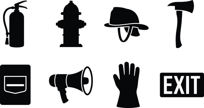 Firefighter equipment and emergency rescue vector silhouette icons set featuring extinguisher hydrant helmet axe megaphone isolated on white background