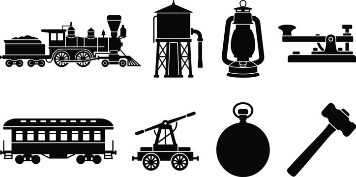 Vintage railroad and steam train vector silhouette icons set featuring locomotive water tower lantern pocket watch isolated on white background