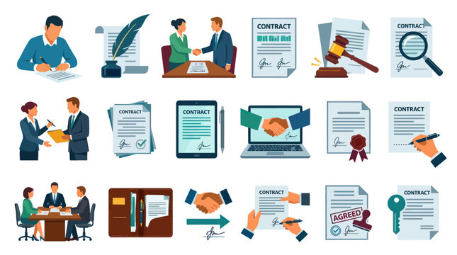 Business and Legal Contract Agreement Flat Icons Vector Set for Deals, Partnership and Law Concepts