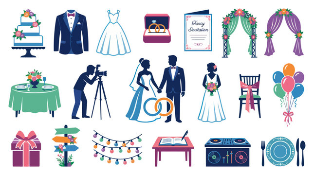 Flat Vector Wedding Icons Set for Marriage Ceremony and Event Planning. Collection of Essential Bridal Elements.