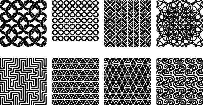 Collection of seamless geometric patterns and abstract line texture vector textures with black and white backgrounds