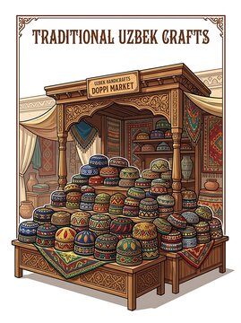 Traditional uzbek skullcap market stall with embroidered doppi hats