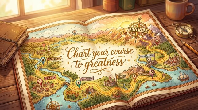 Open book with illustrated fantasy map showing 'Chart your course to greatness' with various landmarks and a compass, representing journey and ambitio