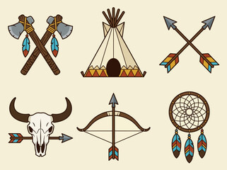 Native American Tribal Icon Set with Tomahawk, Teepee, Bull Skull, and Dreamcatcher © mewo
