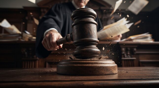 Judge's gavel striking down symbolizing the finality of a divorce decree courtroom judgment