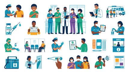 Fototapeta premium Medical Vaccination Flat Icons Set - Healthcare, Doctor, Nurse, Vaccine