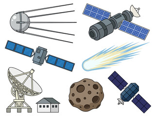 Space Exploration Vector Set: Satellites, Comet, Asteroid, and Ground Station Illustrations © mewo