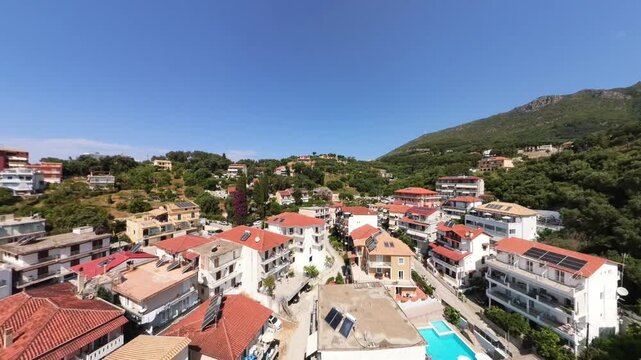 Parga resort town, mainland coastal town in Greece, Aerial view