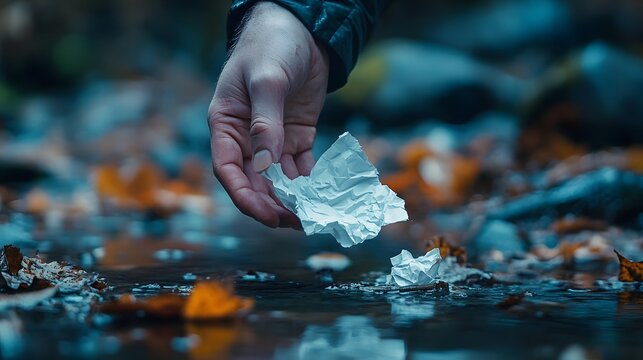 Hand gently reaching down to pick up a crumpled note from wet ground among fallen leaves, capturing a moment of emotional pause or decision in an autumnal setting, elegantly showcasing picking.