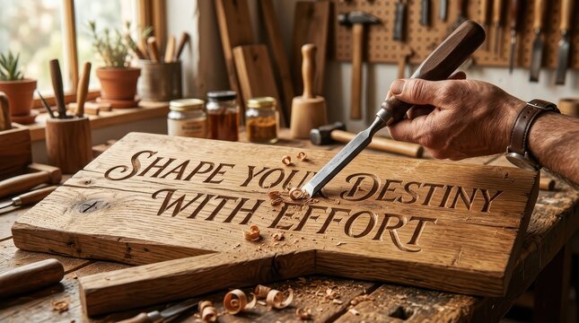 Craftsman hands carving motivational quote 'Shape Your Destiny With Effort' into a wooden sign in a workshop