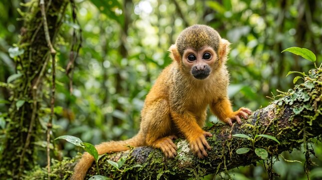 Adorable squirrel monkey in lush rainforest, a vibrant tropical primate perched on a mossy branch, captivating wildlife in natural jungle habitat, a small monkey with expressive eyes.