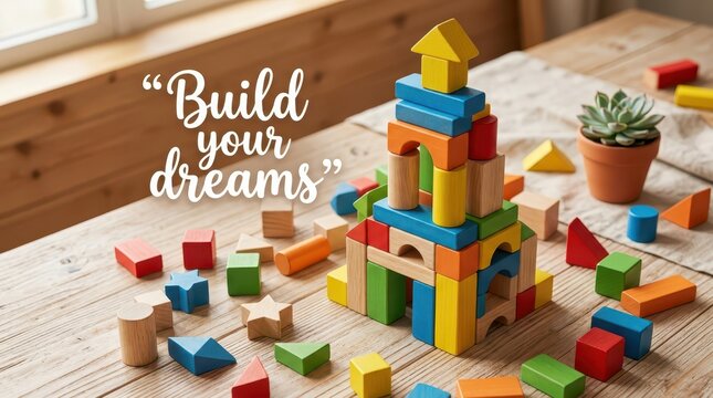 Creative children's wooden building blocks tower and scattered pieces on a rustic table, with inspirational quote "Build Your Dreams"