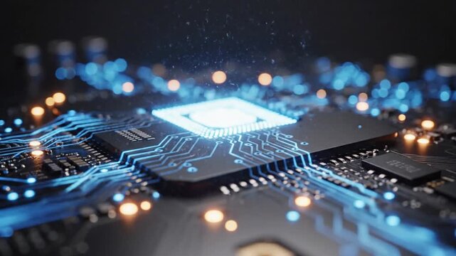 Macro view of a central processing unit (CPU) on a dark motherboard, technology background