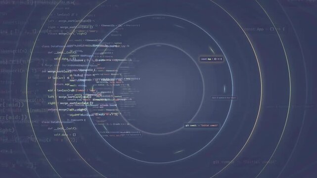 Abstract Digital Technology Background with Rotating Data Circles and Scrolling Computer Programming Code