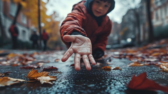 Close-up of a child's outstretched hand reaching toward fallen classmate on wet autumn street, symbolizing kindness amid schoolyard challenges -- emotional connection, peer support, bullying.