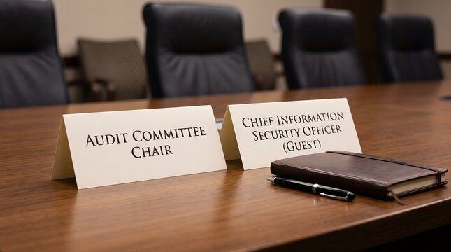 Nameplates for Audit Committee Chair and Chief Information Security Officer on boardroom table with notebook