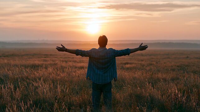 A man stands in a serene field with arms outstretched at sunset