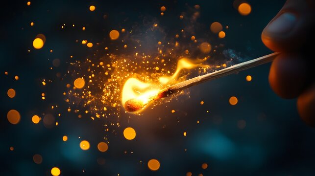 Close-up of a match being struck with bright flame and glowing sparks against dark background capturing ignition moment for creative or symbolic use in design projects, elegantly showcasing closeup.