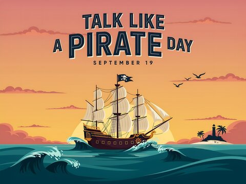 Talk like a pirate day september 19 poster featuring a large wooden sailing ship on ocean waves with a lighthouse on a distant island shore