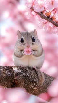 An adorable Japanese dwarf flying squirrel holding a tiny sakura blossom, pastel cherry trees softly blurred in the background,  Japanese spring aestheticsmartphone wallpaper, vertical composition