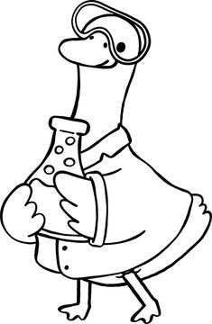 Cartoon Porch Goose Professional Dress Up Outline Scientist Holding Flask Outfit Illustration Hand Drawn