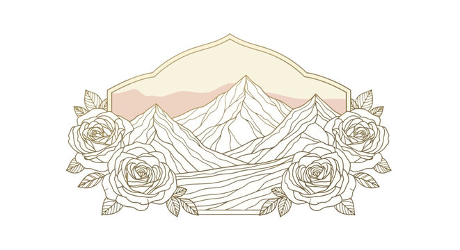 Mountain peaks framed by roses in elegant line art design