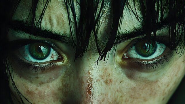 Close-up of a person's intense green eyes conveying guilt and nervousness, wet hair framing face, high emotional expression suitable for drama or psychological themes, elegantly showcasing facial.