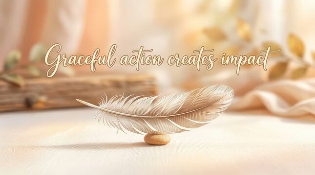 Delicate feather resting on a smooth stone with inspirational text "Graceful action creates impact", serene ambiance