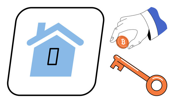 House icon with a hand holding a bitcoin and a key vector illustration. Property investment, digital currency, mortgage finance, real estate market, crypto assets, home ownership. Residential