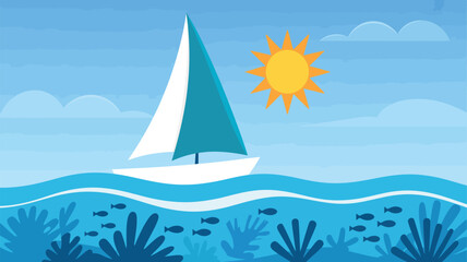 Naklejka premium Sailboat gracefully sailing on sparkling blue ocean with sun rays and marine life